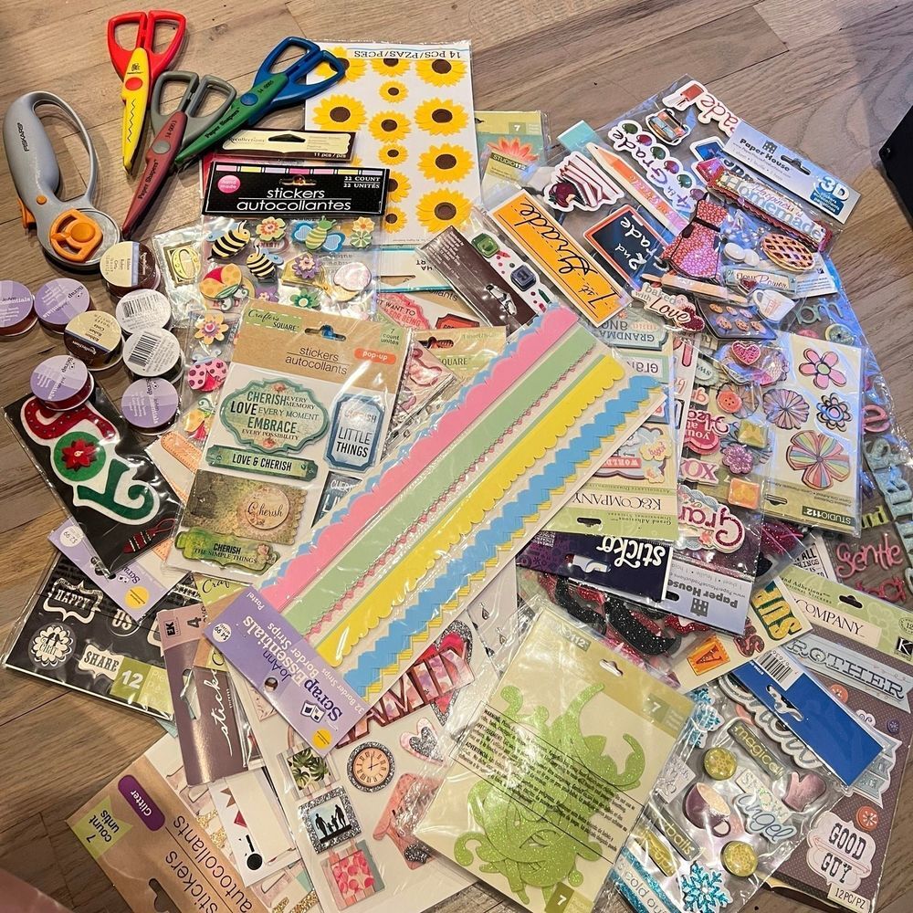 Scrapbooking crafting stickers decorations borders scissors ribbon 60 peices‎
